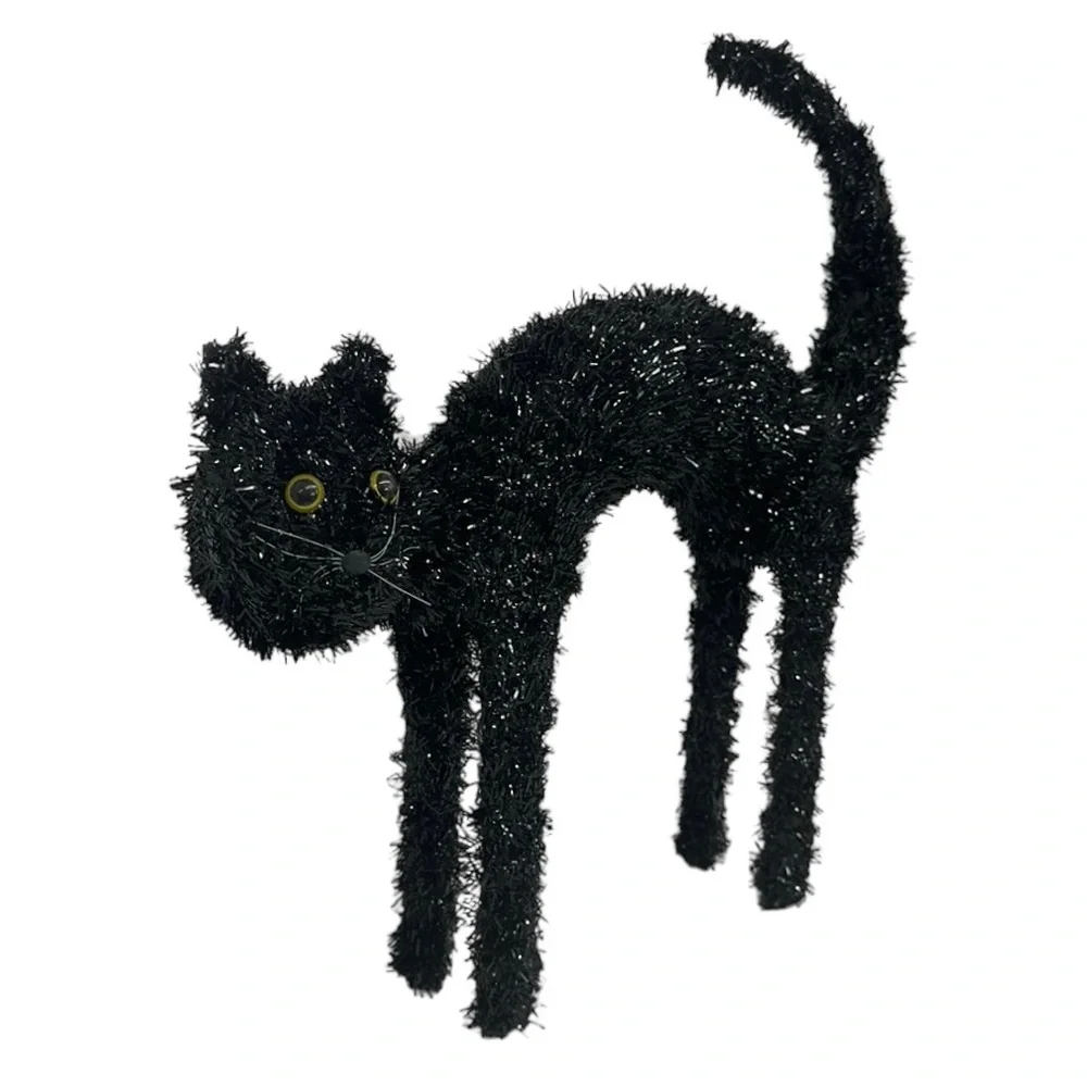 Vintage Halloween Holiday Tinsel Wire Standing Arching Black Cat and SpiderWebs